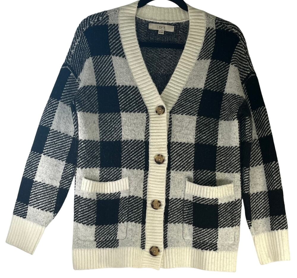LOFT Black White Plaid V-Neck Button Front Cardigan Sweater Size XS